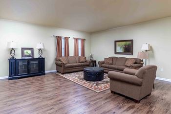 A living room with brown furniture and a rug.